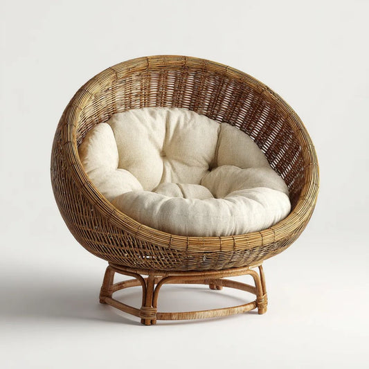 Fotel rattanowy, Okrągłe fotel w rattan naturalny miód brązowy z poduszką beżową 105 x 95 x 90 cm