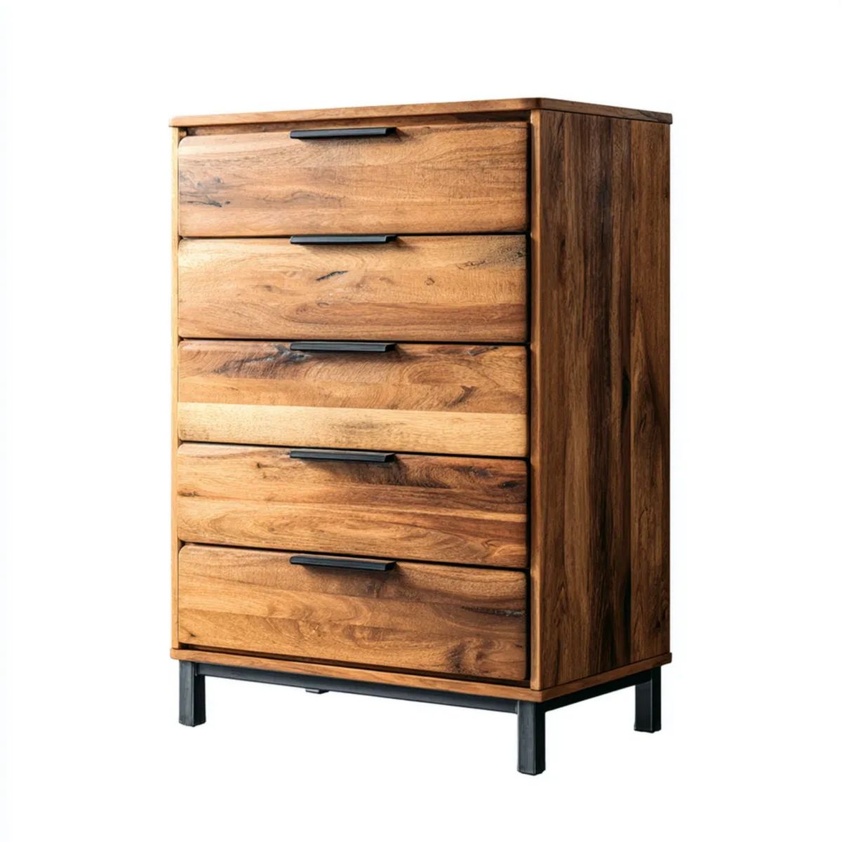 Komoda, Prostokątna szafka szuflady 5 w prostokątnym brązowym drewnie i czarnym metalu, 60 x 40 x 110 cm