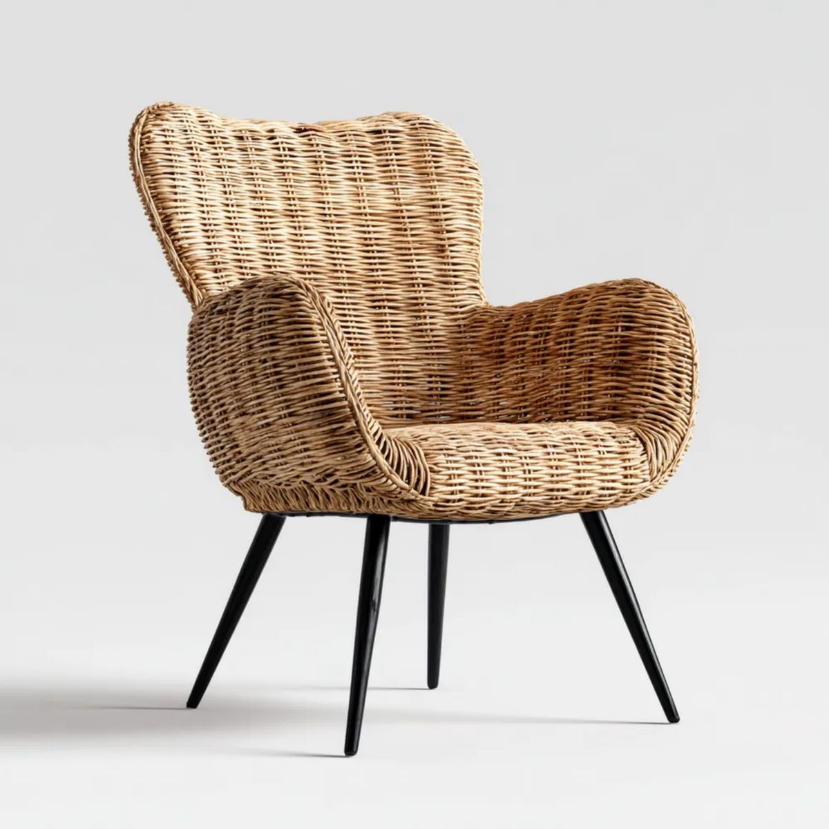 Fotel rattanowy, Ogród Krzesło w beżowym rattan naturalny z czarnym stalowe nogawki, 70 x 65 x 85 cm