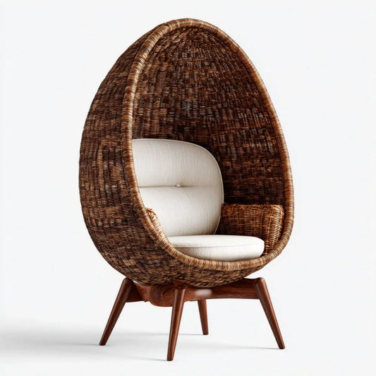 Fotel rattanowy, Ogród Bagienne Jajko Krzesło w Bazylea brązowe rattan, Drewniana podstawa i niebielone poduszki, 92 x 85 x 150 cm