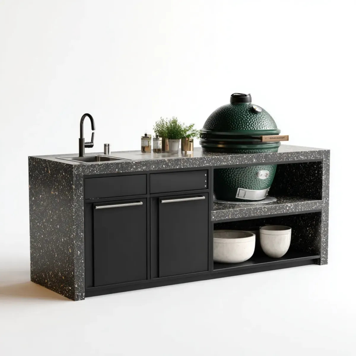 Kuchnia na zewnątrz z umywalką i barbecue kamado czarny zielony 180 x 70 x 90 cm stal nierdzewna prostokątne porcelana kamionka