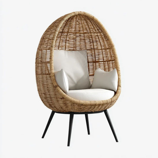 Fotel rattanowy, Ogród Biżuteria w Beżowy rattan z Biżuteria Poduszki i czarny Biżuteria metalowe nóżki, 85 x 75 x 150 cm
