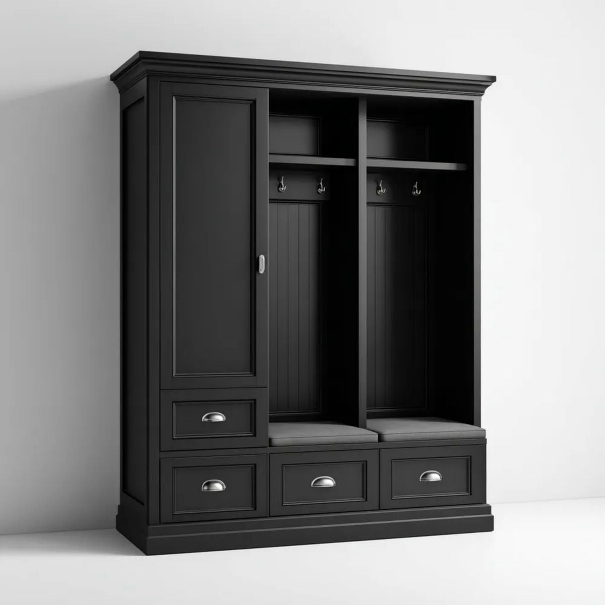 Regał do przechowywania, Czarne wejście do środka z MDF 160 x 45 x 200 cm z przesuwanymi drzwiami, szarym tylnym oparciem ławki i przechowalnia