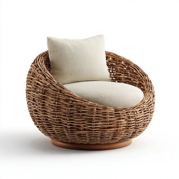 Fotel rattanowy, Okrągłe krzesło w naturalnej rattanie brązowy z poduszkami w ramce 90 x 90 x 75 cm