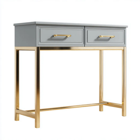 Konsola do przedpokoju, Szara i złoty stół konsoli wejścia z 2 szufladami w MDF i 100 x 35 x 80 cm prostokątna stal