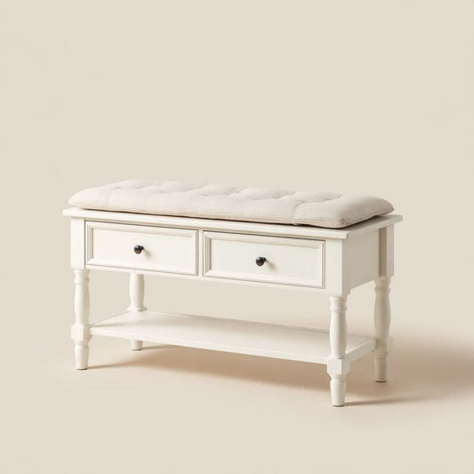 Ławka MDF Biała z 2 szufladami, beżową poduszką i półką z płaszczem, 100 x 40 x 50 cm
