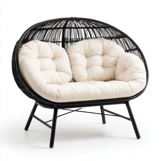 Fotel rattanowy, 2-osobowy czarny ogród fotel w syntetyczny rattan z kremowymi poduszkami, owalny kształt, 130 x 75 x 145 cm