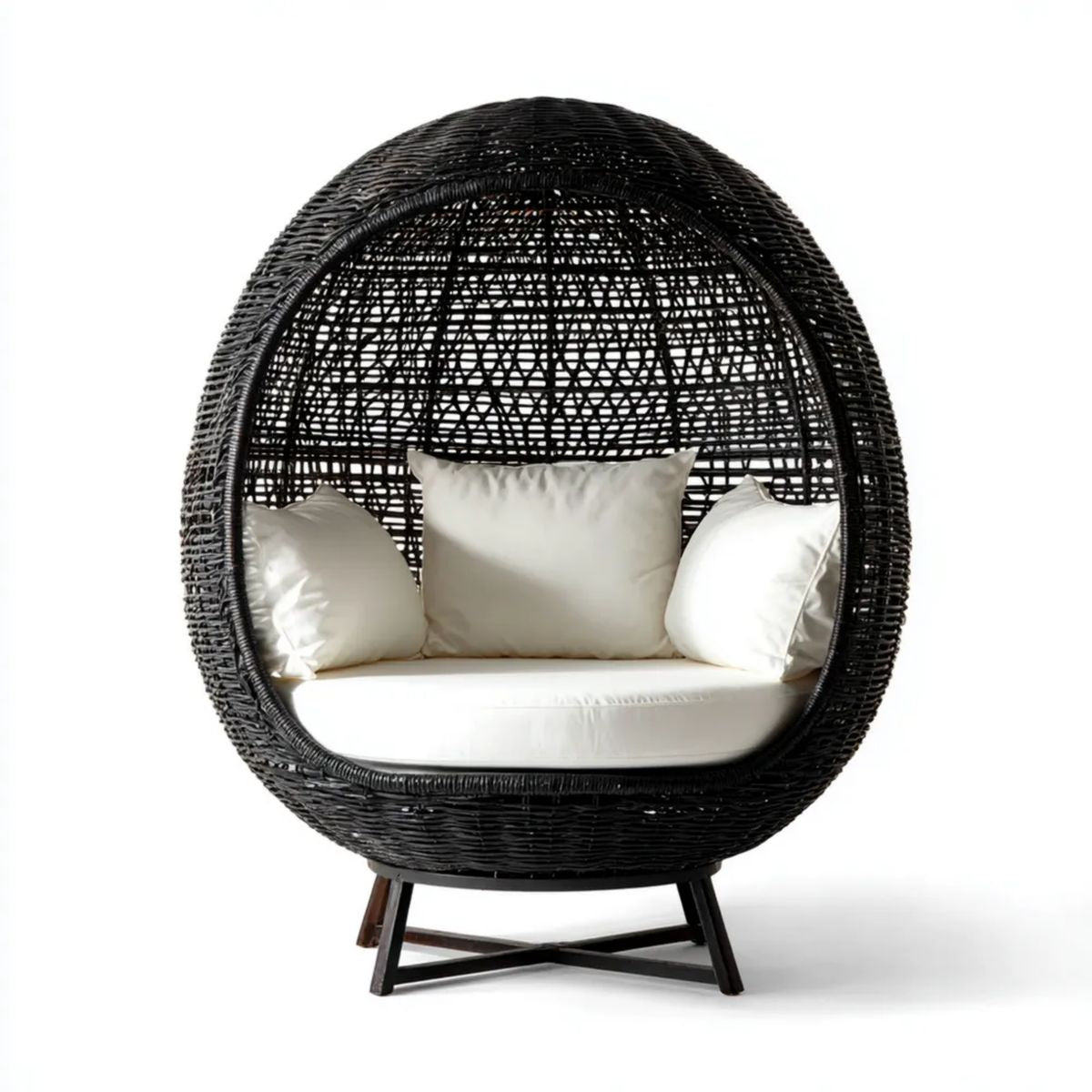Fotel rattanowy, Ogród Biżuteria z fotela w kolorze czarnym Biżuteria syntetyczna rattan z biało-białe poduszki, 120 x 100 x 170 cm