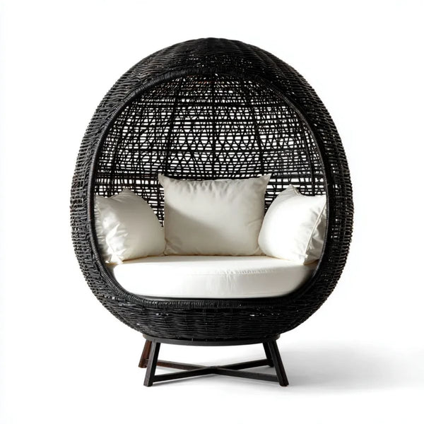 Fotel rattanowy, Ogród Biżuteria z fotela w kolorze czarnym Biżuteria syntetyczna rattan z biało-białe poduszki, 120 x 100 x 170 cm