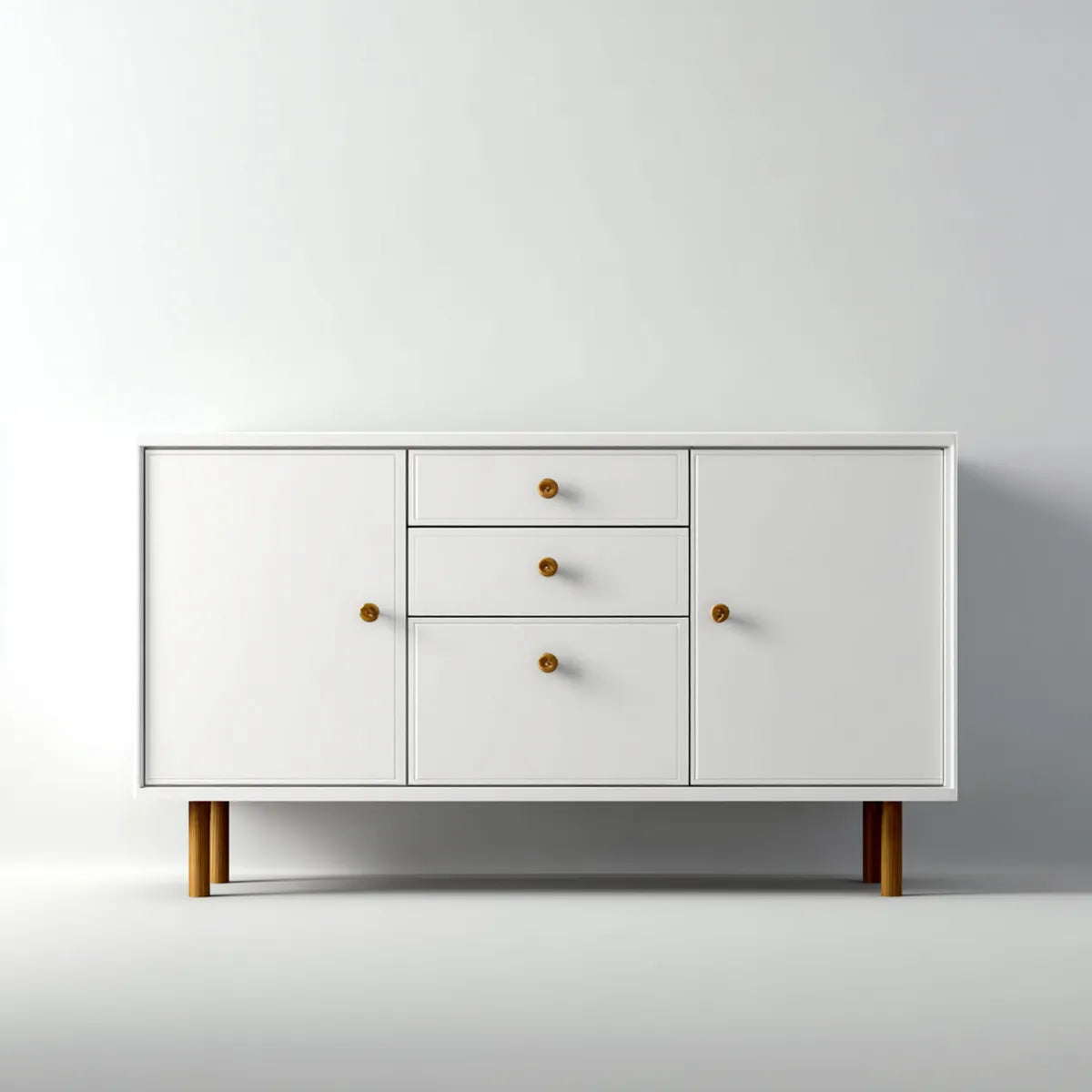 Kredens, Biały stół stołowy 140 x 40 x 80 cm w MDF i prostokątne drewno hewejskie z 2 drzwiami i 3 szufladami